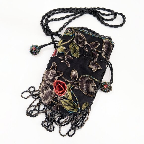 Beaded Velvet Black Floral Pouch Drawstring Formal Prom Event Tassle Rose Boho - Picture 2 of 3